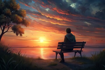 Obraz premium Evening tranquility: a young person reflecting by the serene waters at sunset