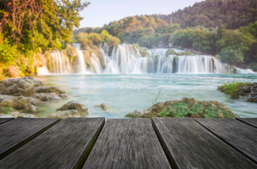 Fototapeta premium Empty wooden table with beautiful landscape background