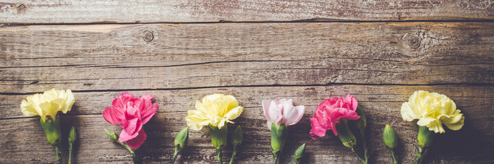 Carnation flowers on wooden table