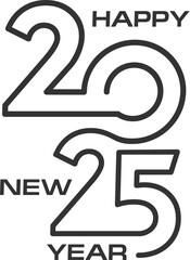 2025 Calendar number. Vector modern black and white happy new year text creatively arranged within the bold, outlined 2025 numbers. Sleek, contemporary new year greetings, linear festive typography