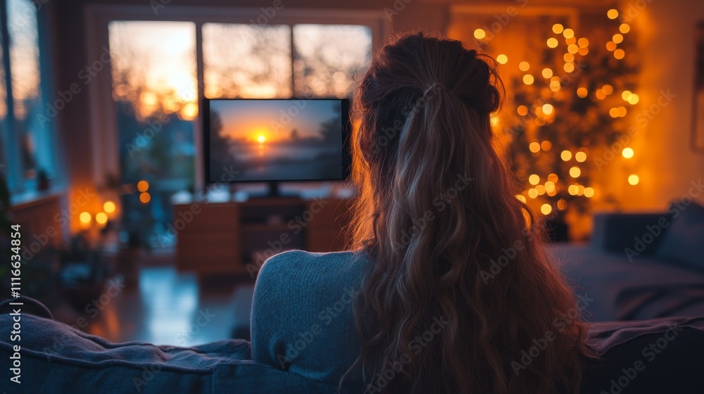 Poster a person enjoys a relaxing evening in a cozy living room, watching television while the sun sets out