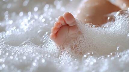 Fototapeta premium Tiny Toes, Bath time Bliss A Close-Up of Baby Feet Among Soft, White Bubbles of a Relaxing Bath