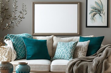 Create a high-resolution image featuring a white blank canvas mockup in a frame on the wall, a beige sofa with turquoise pillows and a blanket nearby, in a stylish living room interior design