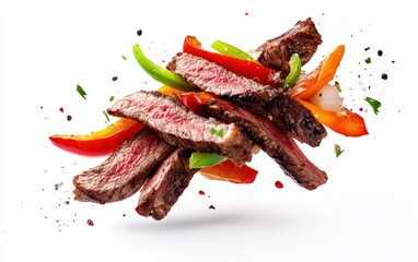 Flying steak fajitas with peppers and onions, smoky and dynamic, isolated on white background