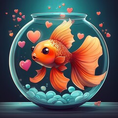 cartoon goldfish with oversized fins swimming in a small round bowl, blowing bubbles shaped like hearts with a smiley face