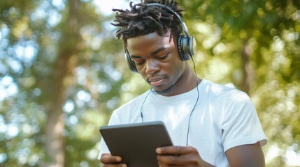 Fototapeta premium A man wearing headphones is reading a tablet
