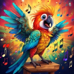 Obraz premium brightly colored parrot with exaggerated wings and a happy expression, sitting on a wooden perch with musical notes floating around