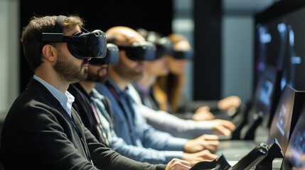 Virtual Reality Training:  A group of professionals wearing VR headsets engage in an immersive training session, their expressions focused and engaged in the digital world.