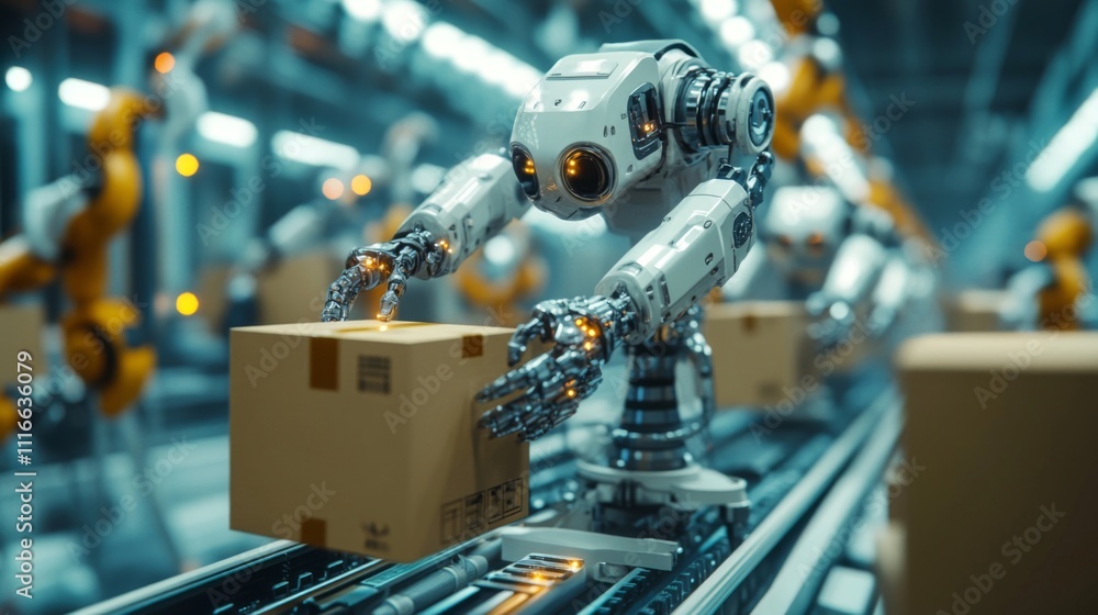 Poster robot arm placing a box on a conveyor belt in a factory setting