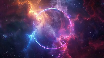 Magical neon background with bokeh lights and particles, explosion and swirl of sparkles, abstract dark background with clouds