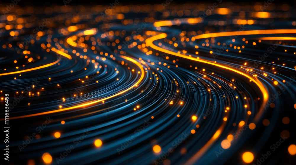 Poster flowing patterns of shimmering lights along dark blue waves at dusk create a mesmerizing visual expe