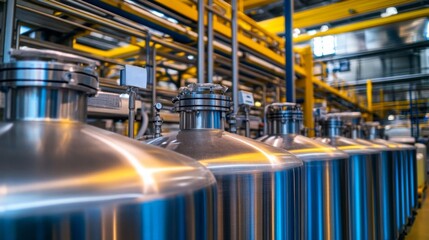 Fototapeta premium Row of Stainless Steel Industrial Tanks in a Factory