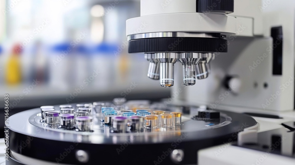 Poster microscope with multiple objectives over a tray of vials
