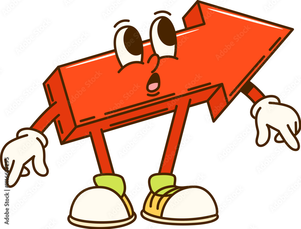 Poster Groovy math geometric arrow figure character. Isolated cartoon vector quirky retro personage with expressive eyes and confused expression embodying educational mathematics vibe. Funky red road pointer
