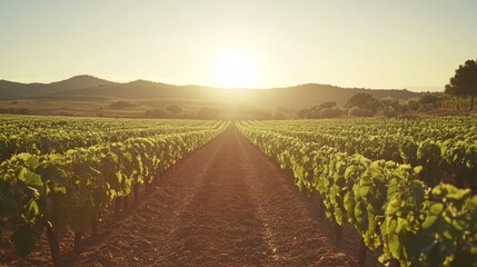 Fototapeta premium Rows of grapevines in a vineyard with a sunset in the background