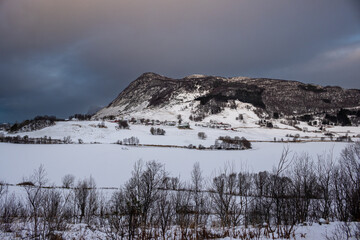 Snowy landcape with mountains, Harstad, Norway