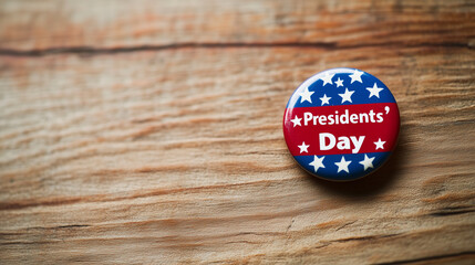 President's Day with American Goodness Symbols Badge on Wooden Background with Copy Space