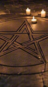 vertical 9:16 a pentagram drawn on an old dusty basement stone floor. Candles flicker around it