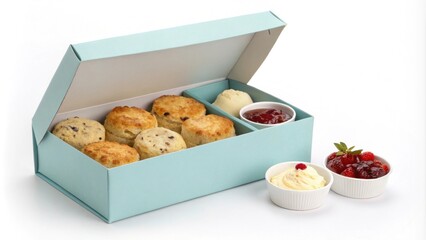 Freshly baked scones are neatly arranged in a stylish pastel box, accompanied by clotted cream and strawberry jam, creating a delightful teatime treat