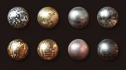A collection of disco balls with a vibrant disco-themed background, presented as a vector illustration.