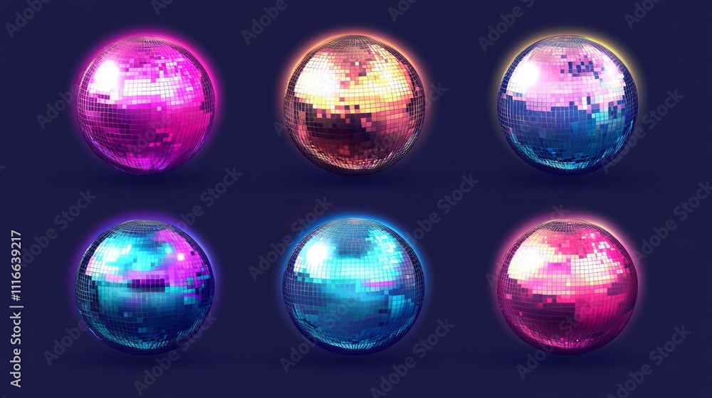Aufkleber a set of vector illustrations featuring disco balls in various vibrant colors. each mirrorball showc