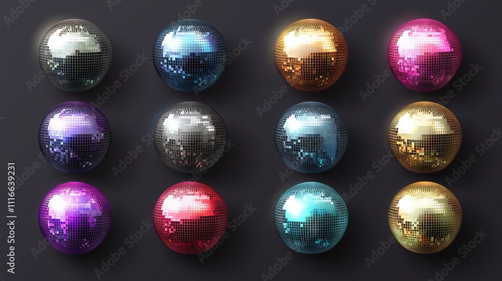 Aufkleber a set of vector illustrations featuring disco balls in various vibrant colors. each mirrorball showc