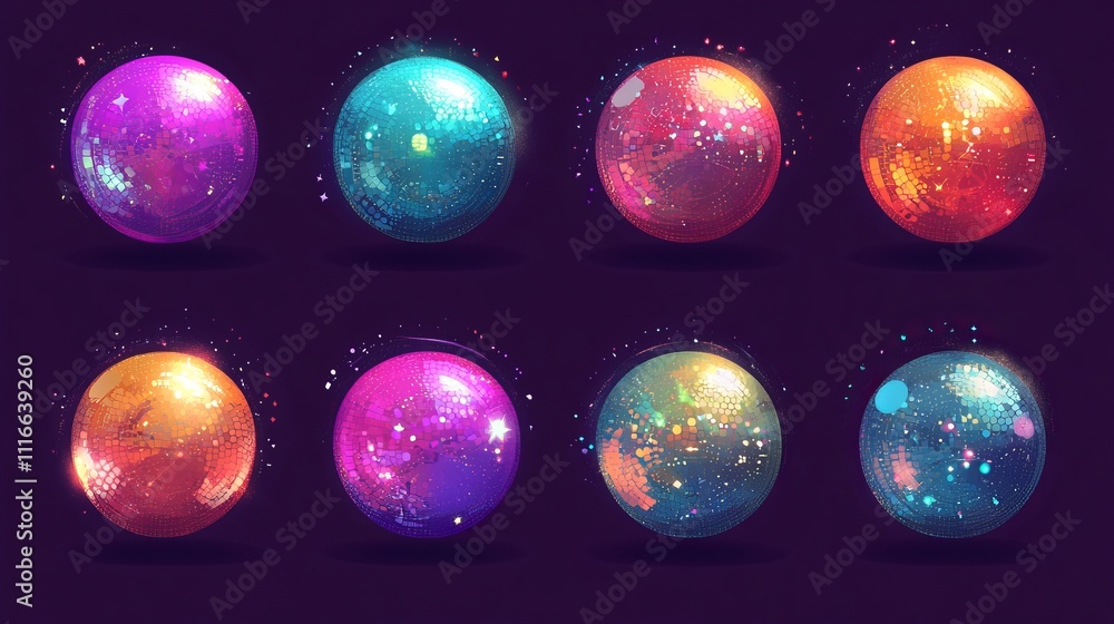 Aufkleber a set of vector illustrations featuring disco balls in various vibrant colors. each mirrorball showc