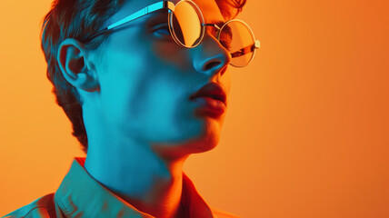 Stylish man wearing round glasses posing under orange and blue neon lights, creating a modern and futuristic fashion look