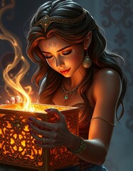 "Pandora's Curiosity": A close-up of Pandora opening a glowing, ornate box, with wisps of mysterious light and shadow escaping.