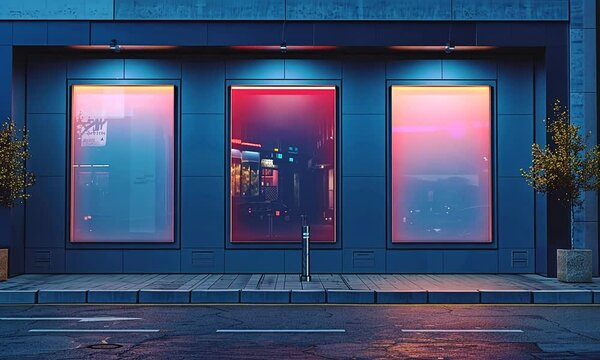 Night cityscape reflected in illuminated storefront windows.