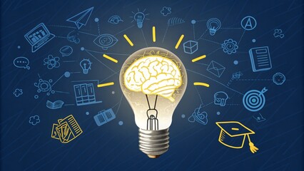 Brain in Lightbulb Idea Generation Concept, Sketch Style Illustration