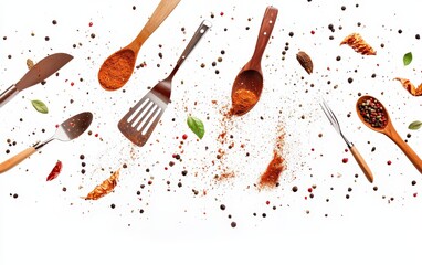 Flying kitchen utensils like knives, spoons, and spatulas, combined with floating spices, dynamic and detailed, isolated on white background