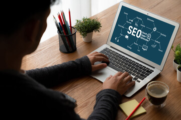 SEO search engine optimization for modish e-commerce and online retail business showing on computer...