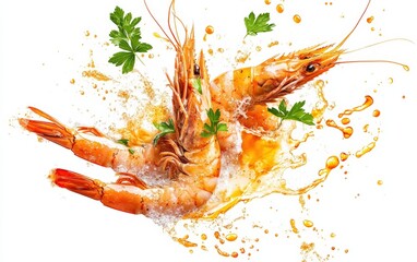 Flying shrimp with garlic butter splashes and parsley, elegant and flavorful, isolated on white background