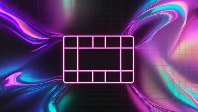 A futuristic neon grid of glowing pink squares with abstract flowing shapes in vibrant blue and purple hues, set again vaporwave gradient background: Retrowave, synthwave, rave, vapor party background