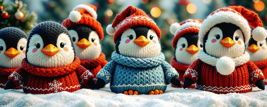 simpatici pinguini in stoffa di maglia in abbigliamento natalizio riuniti in gruppo