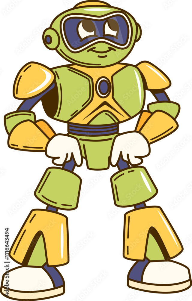 Aufkleber cartoon retro groovy robot character with futuristic appearance standing confidently with its hands 