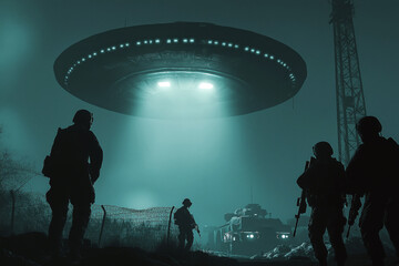 A dark and mysterious UFO hovering over a secret military base, with armed soldiers looking up in fear and confusion.