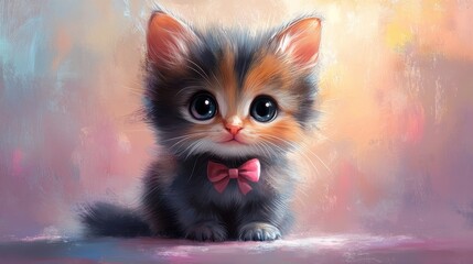 Cute watercolor kitten with pink bow, adorable pet portrait. Whimsical animal art concept