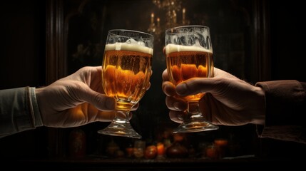 Joyful Group of Friends Celebrating Together at a Cozy Bar with Raised Beer Mugs and Cheers