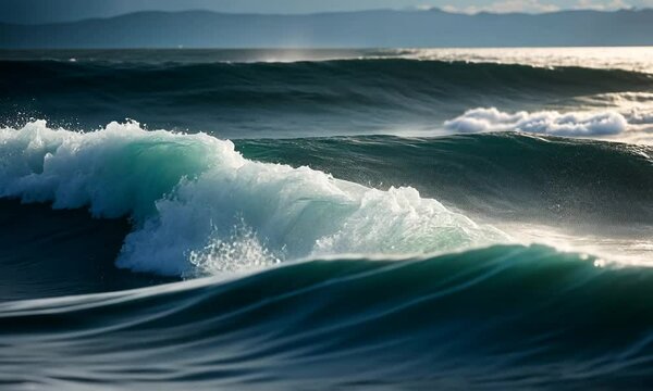 Powerful ocean waves crashing, creating white foam and spray against a backdrop of dark blue water and distant mountains.