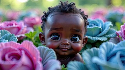 Fototapeta premium A joyful infant with big, expressive eyes plays among colorful flowers in a bright garden, enjoying the beauty of nature. Generative AI