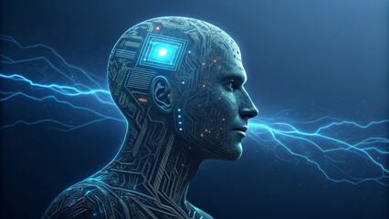 Obraz premium Cybernetic Head Digital Art, Blue Energy, AI Awakening