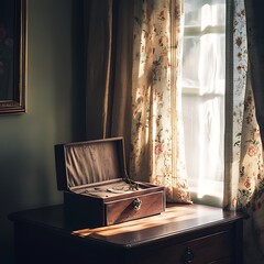 Fototapeta premium Sunlight illuminates an antique wooden box on a vintage table near a floral curtain.