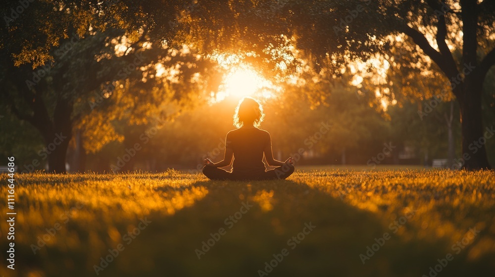 Poster a person sits in a meditative pose on the grass during sunset, basking in the warm glow of the sunli