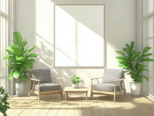 Fototapeta premium Minimalist interior design featuring two modern wooden armchairs with gray cushions