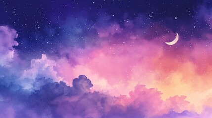 Naklejka premium Scenic twilight sky with crescent moon, stars and vibrant pink and purple clouds. Beautiful evening landscape.