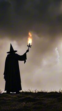 vertical 9:16 dark sorcerer chanting a spell with shadows swirling around. Ancient ritual site under a dark lighting filled sky