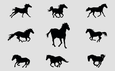 Naklejka premium A set of black silhouettes of a sports horse. Vector on black background