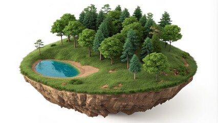 Floating Island Ecosystem 3D Render of Forest, Lake, and Cliffside